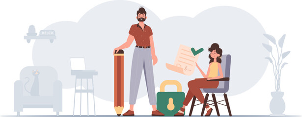 The guy and the girl sign the document. The concept of signing and protecting data. Smart contract. Modern trendy style.