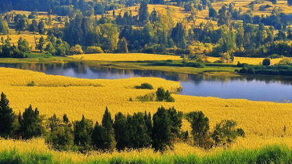 Beautiful, dreamy landscape with golden fields and a peaceful lake