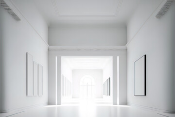 White gallery room with minimal interior design. White frames hanging on the wall. Museum realistic mockup.