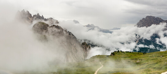 Famous Tre Cime di Lavaredo at summer time. Landscape of Alps Mountains. Dolomites, Alps, Italy, Europe (Drei Zinnen)