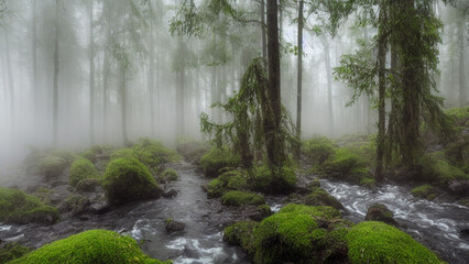 Fototapeta premium Mystical, foggy forest with towering trees and a babbling brook