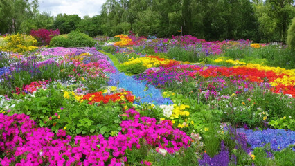 Vibrant, colorful flower garden with a variety of blooming flowers and a babbling brook