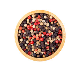 Mixed of peppers hot, red, black, white in wood bowl isolated on transparent png
