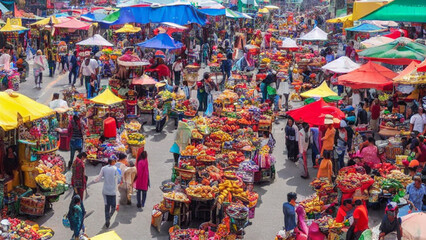 Vibrant, bustling street market with colorful stalls and people