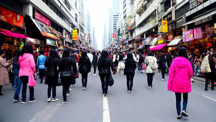 Obraz premium A bustling city street, with people and vehicles moving about in a chaotic yet somehow organized manner