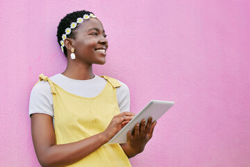 Black woman with tablet, marketing and advertising of digital product, thinking and freedom with...