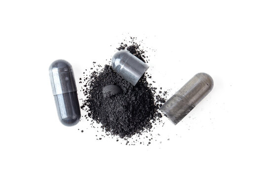 Activated Charcoal Capsule And Powder Isolated On Transparent Png