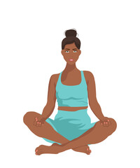 Woman practicing yoga.A woman in the lotus position. A woman meditates on a white background. Cute vector illustration in flat style. Yoga pose.