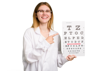 Young caucasian oculist woman holding a eye chart paper isolated smiling and pointing aside, showing something at blank space.