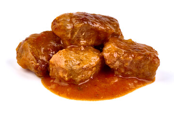 Stew Meat, stewed pork goulash, isolated on white background.