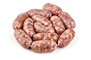 Italian sausages, Raw Salsiccia Sausages, isolated on a white background.