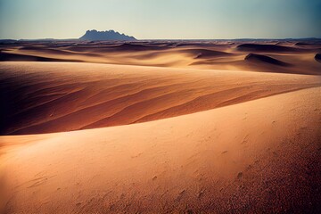 A desert stretching into the horizon with endless sand dunes.