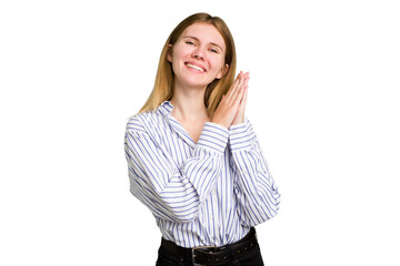 Young caucasian woman isolated feeling energetic and comfortable, rubbing hands confident.