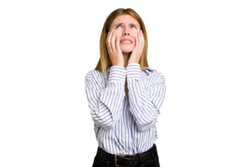 Young caucasian woman isolated whining and crying disconsolately.