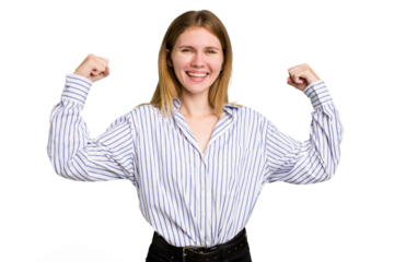 Young caucasian woman isolated showing strength gesture with arms, symbol of feminine power