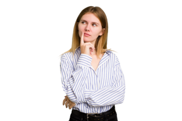 Young caucasian woman isolated contemplating, planning a strategy, thinking about the way of a business.