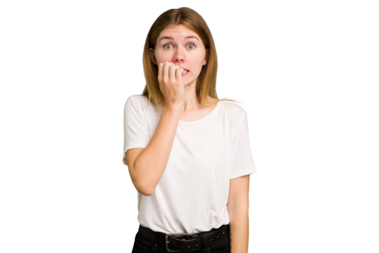 Young caucasian woman isolated biting fingernails, nervous and very anxious.