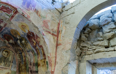 The fragment of colorful ancient fresco of the biblical scene on the wall of the church of St. Nicholas. Demre town, Turkey