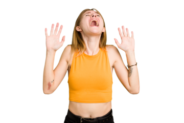 Young caucasian woman isolated screaming to the sky, looking up, frustrated.