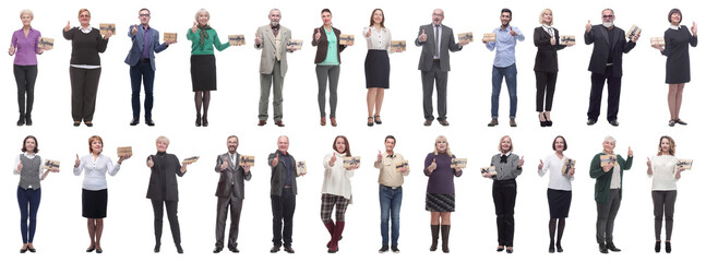 group of happy people with gifts in their hands isolated