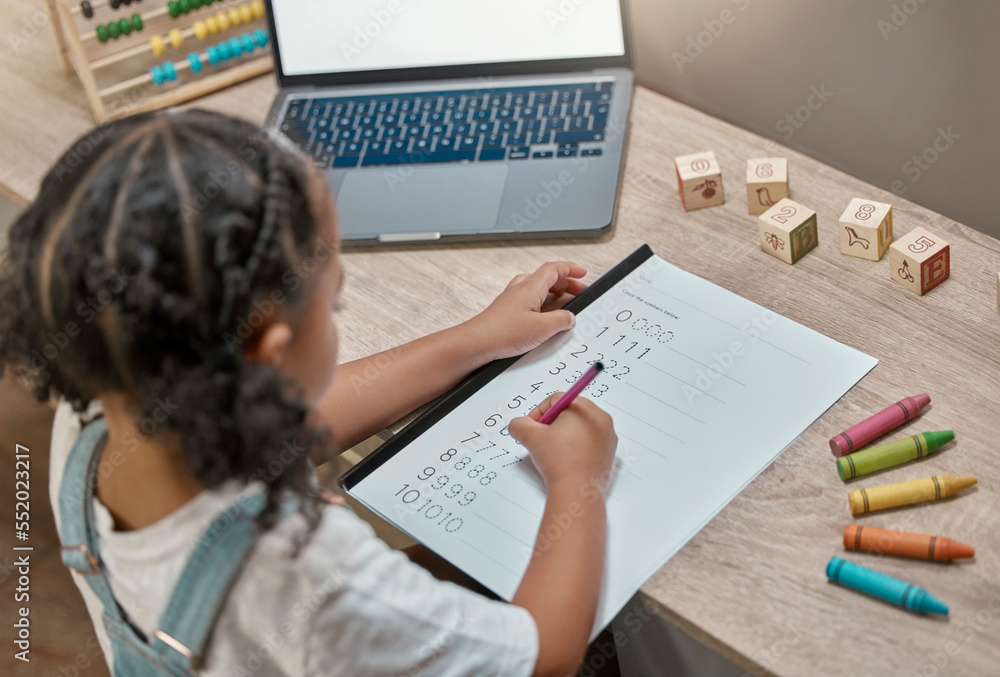 Sticker Child, laptop and math homework while writing in a notebook for online learning at home. Elearning, digital education and mathematics lesson with distance education for little girl using the internet