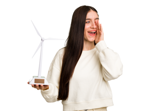 Young caucasian woman holding a small wind energy mill isolated shouting and holding palm near opened mouth.