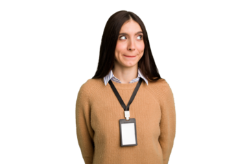 Young caucasian woman with ID card isolated confused, feels doubtful and unsure.