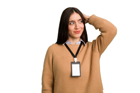 Young caucasian woman with ID card isolated touching back of head, thinking and making a choice.