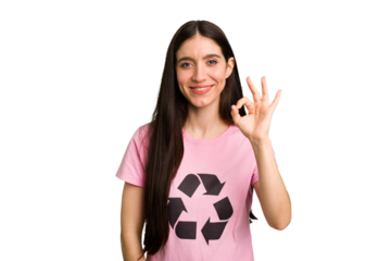 Young caucasian woman wearing a recycling t-shirt isolated cheerful and confident showing ok gesture.