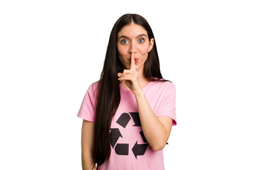 Young caucasian woman wearing a recycling t-shirt isolated keeping a secret or asking for silence.