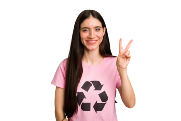 Young caucasian woman wearing a recycling t-shirt isolated showing number two with fingers.