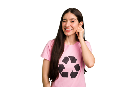 Young caucasian woman wearing a recycling t-shirt isolated covering ears with hands.