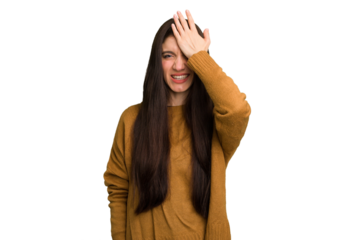Young caucasian brunette long hair woman cutout isolated forgetting something, slapping forehead with palm and closing eyes.