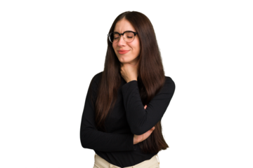 Young caucasian brunette long hair woman cutout isolated suffers pain in throat due a virus or infection.