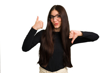 Young caucasian brunette long hair woman cutout isolated showing thumbs up and thumbs down,...
