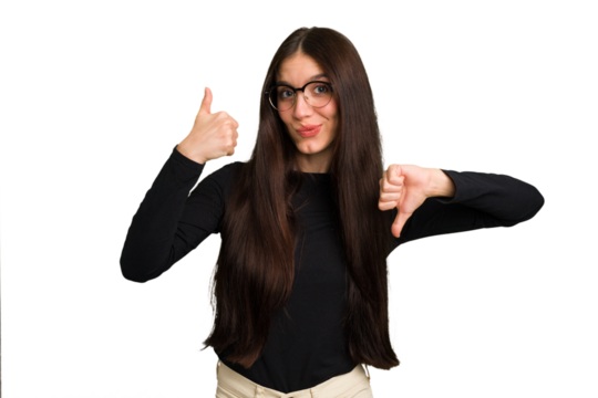 Young caucasian brunette long hair woman cutout isolated showing thumbs up and thumbs down, difficult choose concept
