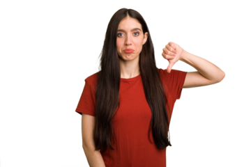 Young caucasian brunette long hair woman cutout isolated showing a dislike gesture, thumbs down. Disagreement concept.