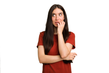Young caucasian brunette long hair woman cutout isolated biting fingernails, nervous and very anxious.