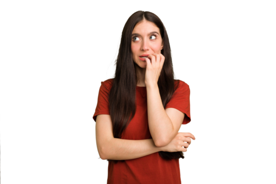Young caucasian brunette long hair woman cutout isolated biting fingernails, nervous and very anxious.