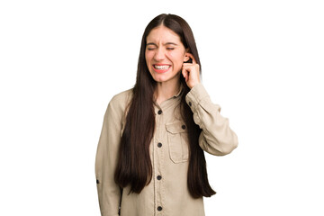Fototapeta premium Young caucasian brunette long hair woman cutout isolated covering ears with fingers, stressed and desperate by a loudly ambient.