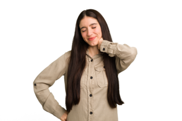 Young caucasian brunette long hair woman cutout isolated having a neck pain due to stress, massaging and touching it with hand.