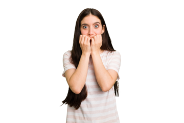 Young caucasian brunette long hair woman cutout isolated biting fingernails, nervous and very anxious.