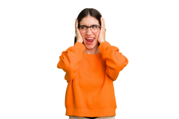 Young caucasian brunette long hair woman cutout isolated covering ears with hands trying not to hear too loud sound.
