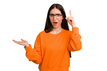 Young caucasian brunette long hair woman cutout isolated holding and showing a product on hand.