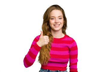 Young caucasian redhead woman isolated smiling and raising thumb up