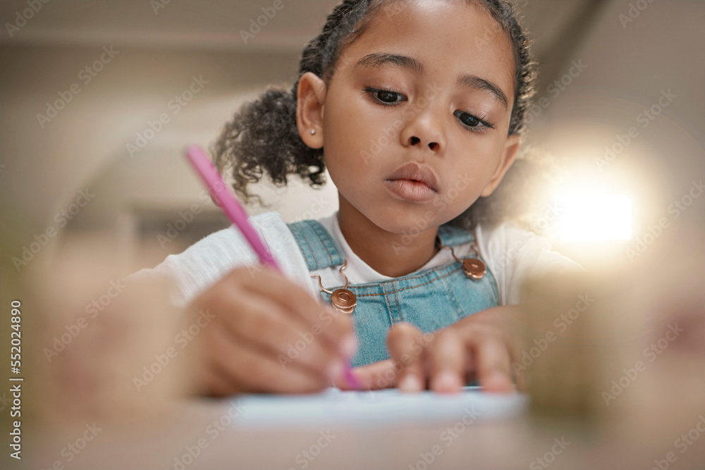 Poster student, child learning and writing in notebook for development, fine motor skills and home schoolin