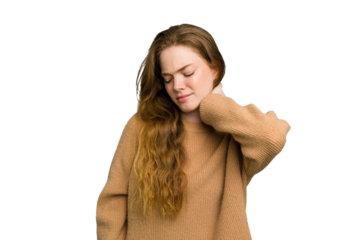 Young caucasian redhead woman isolated having a neck pain due to stress, massaging and touching it with hand.