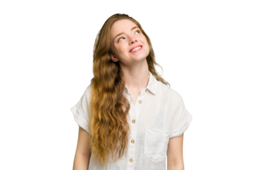 Young caucasian redhead woman isolated relaxed and happy laughing, neck stretched showing teeth.