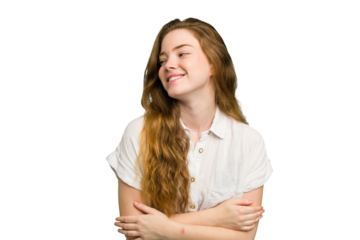 Young caucasian redhead woman isolated smiling confident with crossed arms.