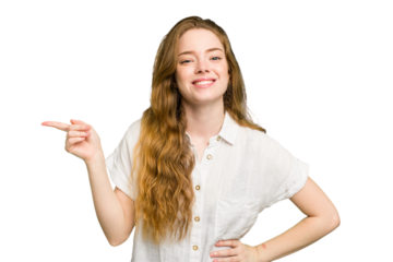 Young caucasian redhead woman isolated smiling cheerfully pointing with forefinger away.